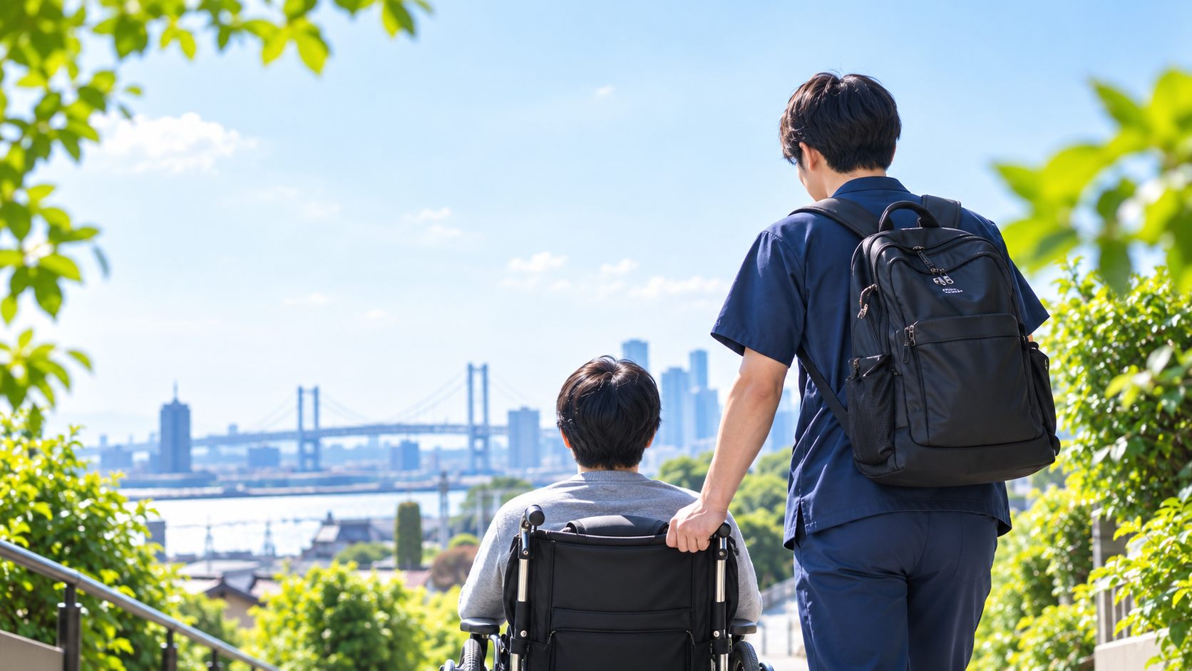 スタッフが車いすの方と一緒に、横浜の街を見下ろす坂道を歩いている様子
